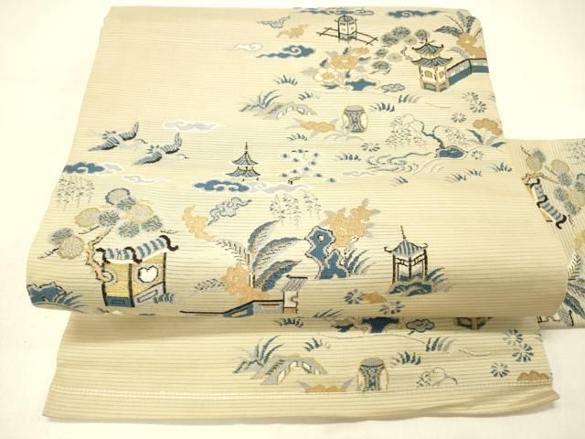平和屋着物＊夏物　アンティーク　大正ロマン　九寸名古屋帯　風景飛鳥草花文　金糸　正絹　逸品　DABC9000cm