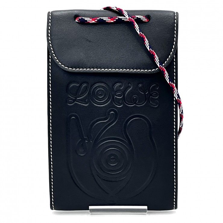 LOEWE（ロエベ）アナグラム エンボス ネックポーチ ショルダーバッグ スマホポーチ ブラック レザー ロープストラップ メンズ レディース【中古】