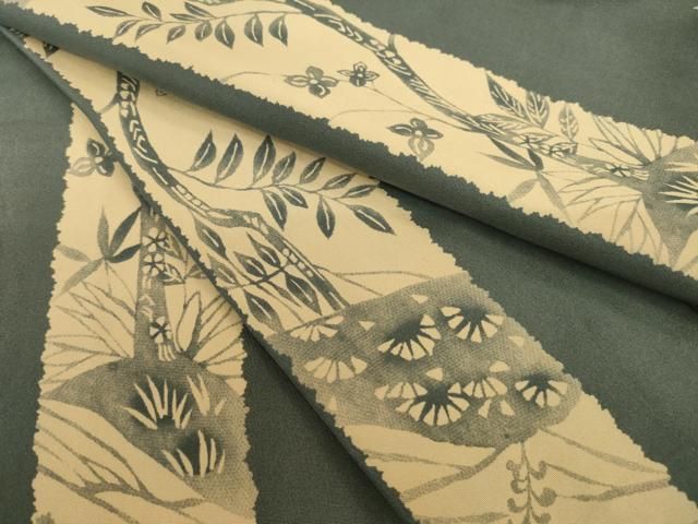 平和屋着物●長襦袢　無双仕立て　型染め　草花間道　正絹　逸品　AABH3286ck