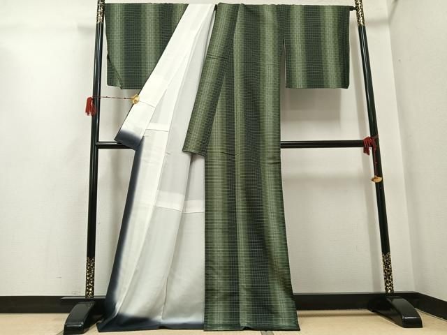 平和屋着物●花織　紬　格子　ロング丈　正絹　逸品　AABH3845ph