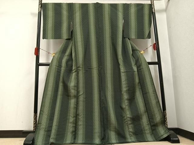 平和屋着物●花織　紬　格子　ロング丈　正絹　逸品　AABH3845ph