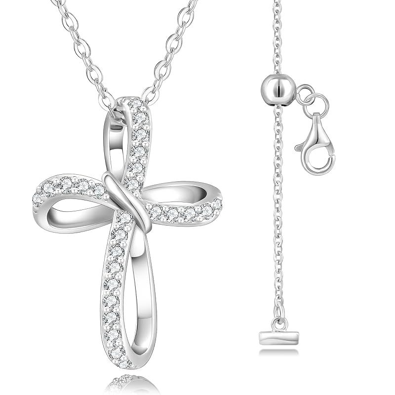 KRKC&CO 十字架ネックレス レディース モアサナイト誕生日プレゼント女性 リボンモチーフ クロスペンダントネックレス 華奢 インフィニティ シルバー925 金属アレルギー対応 チェーンの長さ調整可能 ギフトボックス付