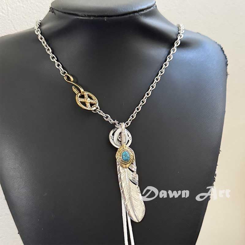 [Dawn Art] ドーンアート シルバー925 フェザーネックレス シルバー 銀 ホイール フック太角チェーンセット50cm 特大フェザー 6種類!(C-タイプ)
