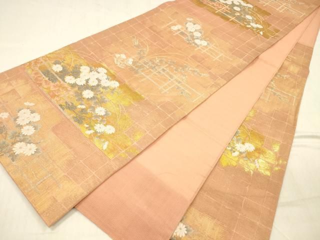 平和屋着物＊夏物　六通柄袋帯　格子草花文　金銀糸　正絹　逸品　DABD6528cm