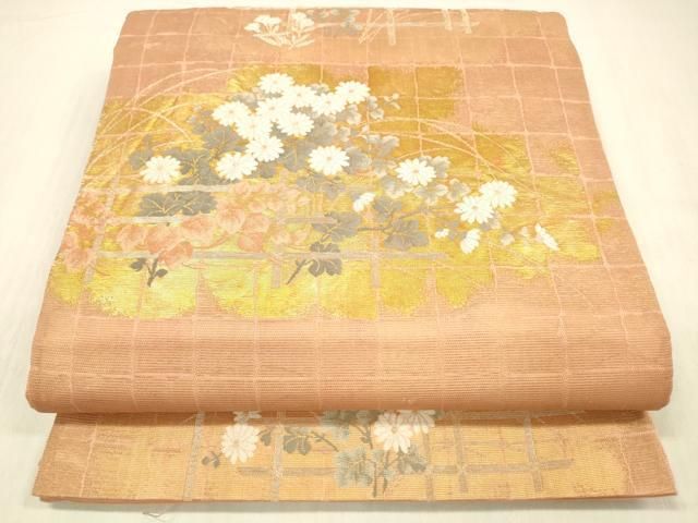平和屋着物＊夏物　六通柄袋帯　格子草花文　金銀糸　正絹　逸品　DABD6528cm