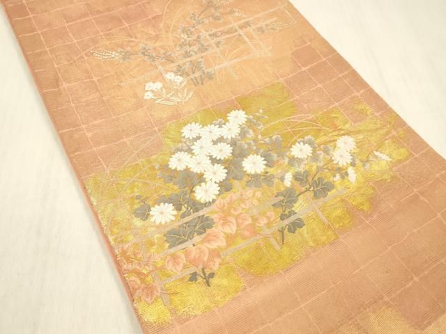 平和屋着物＊夏物　六通柄袋帯　格子草花文　金銀糸　正絹　逸品　DABD6528cm