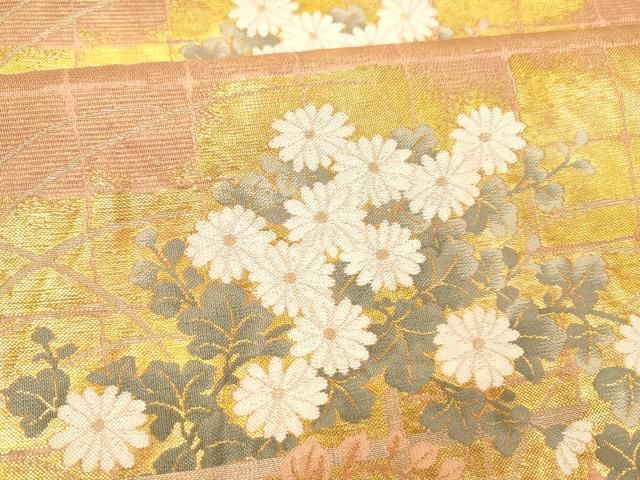 平和屋着物＊夏物　六通柄袋帯　格子草花文　金銀糸　正絹　逸品　DABD6528cm