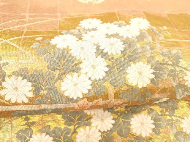 平和屋着物＊夏物　六通柄袋帯　格子草花文　金銀糸　正絹　逸品　DABD6528cm