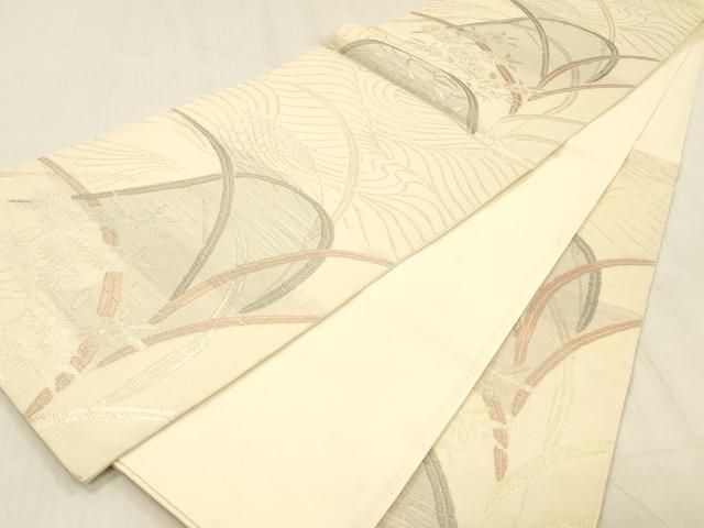 平和屋着物＊夏物　六通柄袋帯　流水草花文　金銀糸　正絹　逸品　DABD6533cm