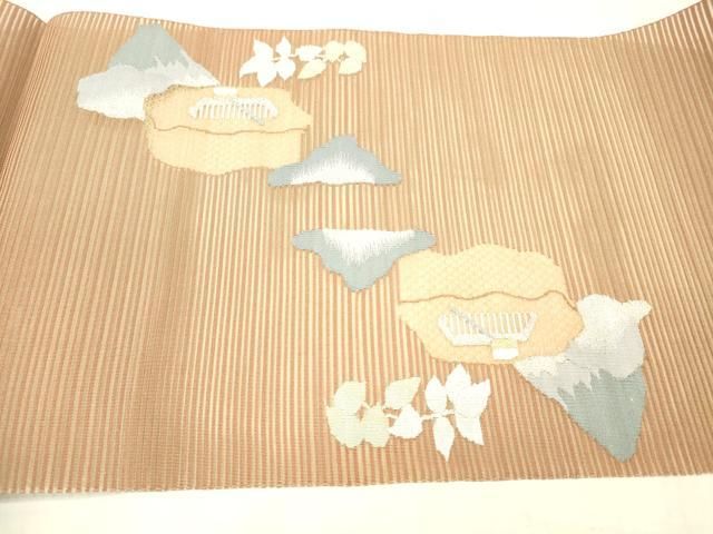 平和屋着物＊夏物　絽綴れ　八寸名古屋帯　草葉文　金銀糸　正絹　逸品　DABD6551cm