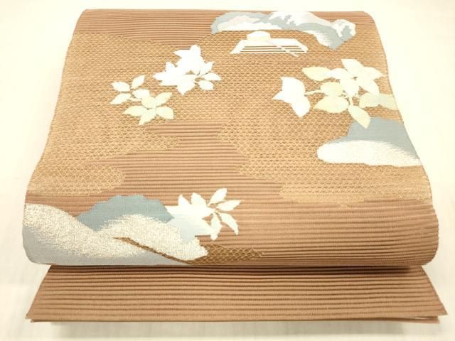 平和屋着物＊夏物　絽綴れ　八寸名古屋帯　草葉文　金銀糸　正絹　逸品　DABD6551cm
