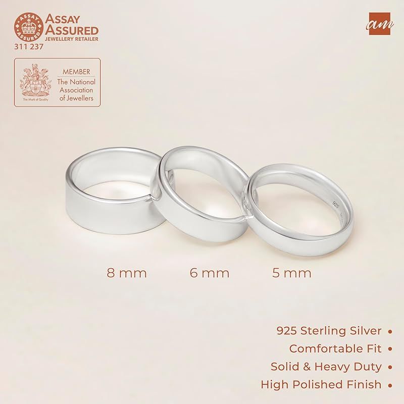 [Amberta] ソリッド 925 スターリングシルバー ゴールドメッキ メンズ 結婚指輪 バンド | 幅5 6 8mm サムコートシェイプ ポリッシュ仕上げ シルバーリング メンズ用: シルバー 5mm - サイズ 17.5