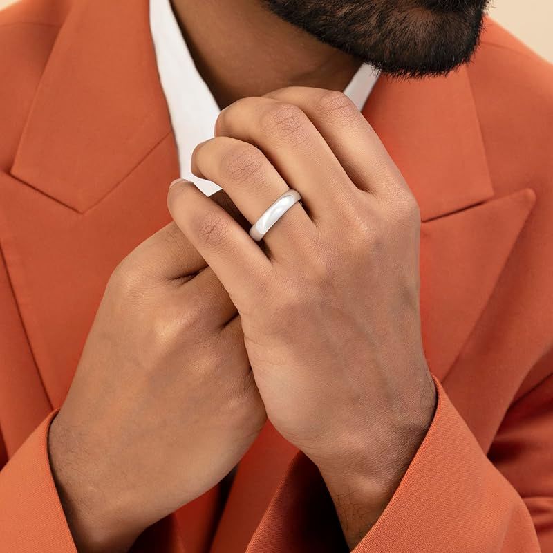 [Amberta] ソリッド 925 スターリングシルバー ゴールドメッキ メンズ 結婚指輪 バンド | 幅5 6 8mm サムコートシェイプ ポリッシュ仕上げ シルバーリング メンズ用: シルバー 5mm - サイズ 17.5