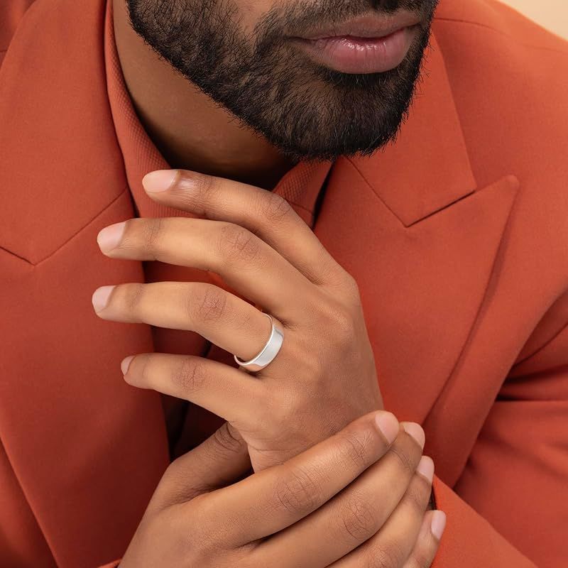 [Amberta] ソリッド 925 スターリングシルバー ゴールドメッキ メンズ 結婚指輪バンド | 幅5 6 8mm サムコートシェイプ ポリッシュ仕上げ シルバーリング メンズ用: シルバー 6mm - サイズ 26.5