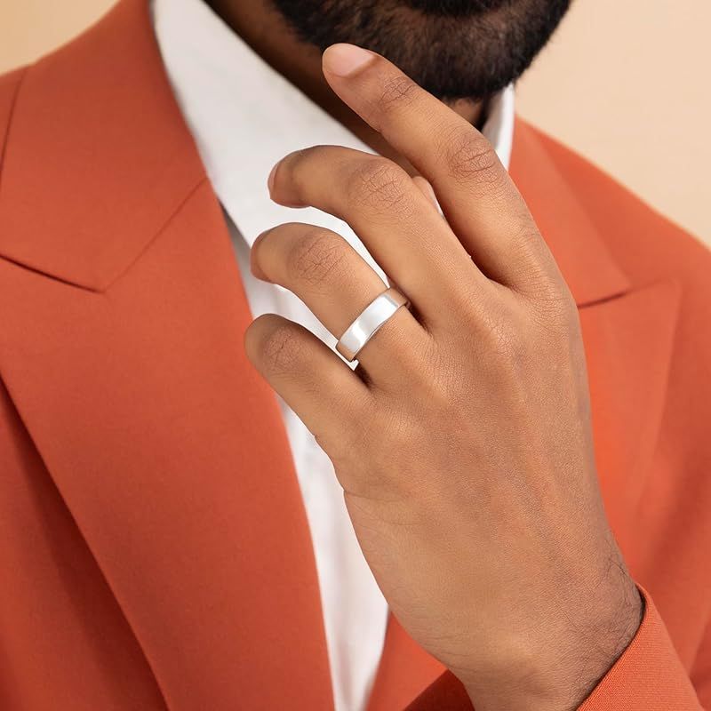 [Amberta] ソリッド 925 スターリングシルバー ゴールドメッキ メンズ 結婚指輪バンド | 幅5 6 8mm サムコートシェイプ ポリッシュ仕上げ シルバーリング メンズ用: シルバー 6mm - サイズ 26.5