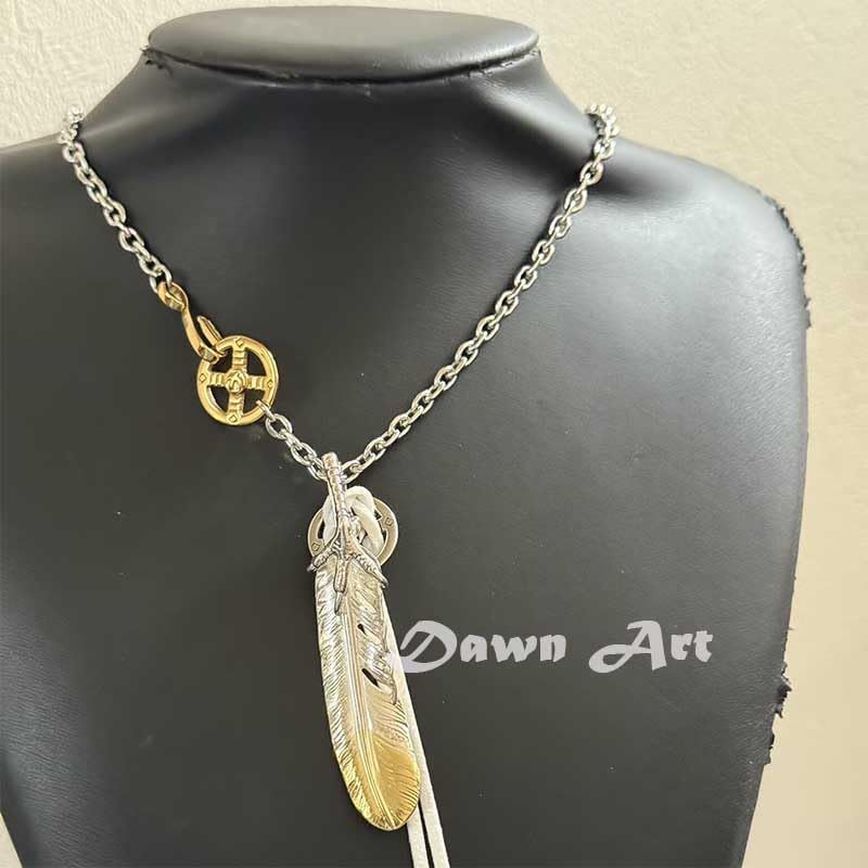 [Dawn Art] ドーンアート シルバー925 フェザーネックレス シルバー 銀 ホイール フック太角チェーンセット50cm 特大フェザー 6種類! (D-タイプ)