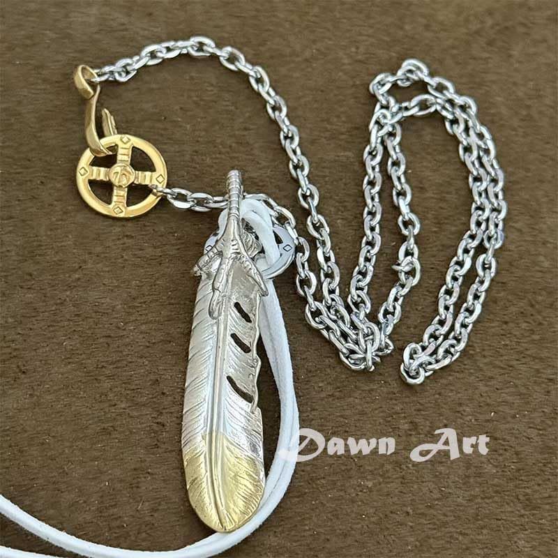 [Dawn Art] ドーンアート シルバー925 フェザーネックレス シルバー 銀 ホイール フック太角チェーンセット50cm 特大フェザー 6種類! (D-タイプ)
