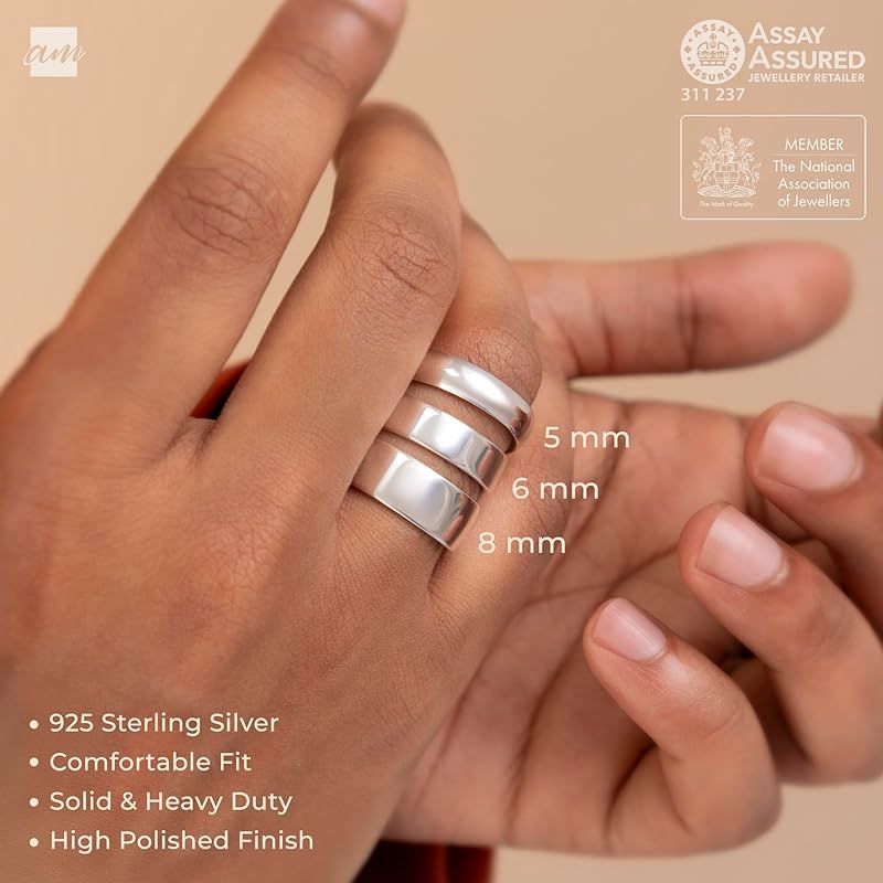 [Amberta] ソリッド 925 スターリングシルバー ゴールドメッキ メンズ 結婚指輪 バンド | 幅5 6 8mm サムコートシェイプ ポリッシュ仕上げ シルバーリング メンズ用: シルバー 8mm - サイズ 21