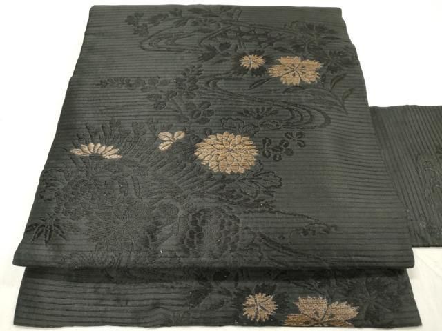 平和屋着物＊夏物　九寸名古屋帯　蛇籠流水秋草文　黒地　正絹　逸品　DABB6948ea