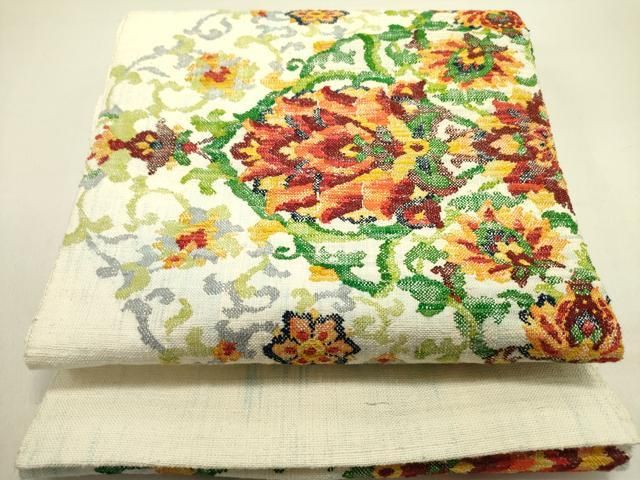 平和屋着物●八寸名古屋帯　紬地　洋花唐草文　正絹　逸品　DABE1803op