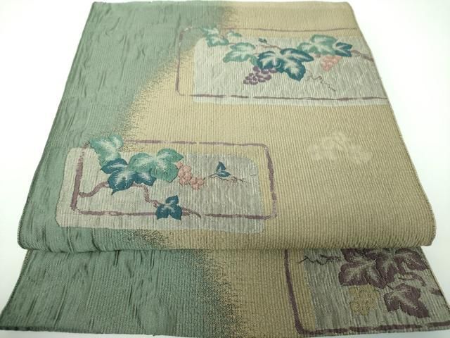 平和屋着物●八寸名古屋帯　ふくれ織　葡萄蔦の葉文　正絹　逸品　DABE5467ps