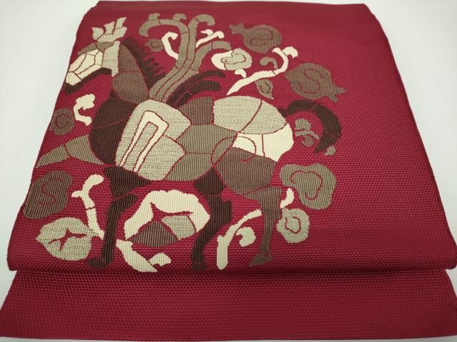 平和屋着物●八寸名古屋帯　すくい織　馬　花唐草文　正絹　逸品　DABE5562ps