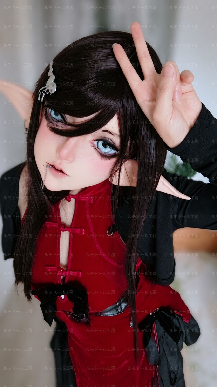 キグルミヘッド 全頭マスク ドール顔 ブラックロング ストレート ブルーアイ エルフ耳 ダーク系 幽玄 ゴシック ハンドメイド コスプレ kigurumi 二次元 アニメ顔 美少女 撮影用