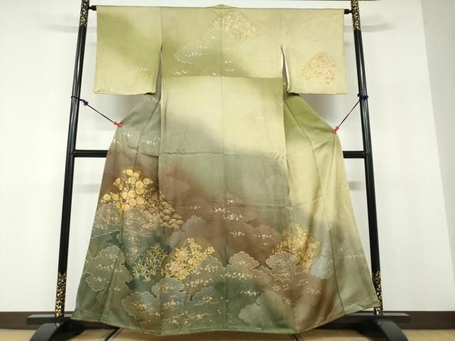 平和屋着物●訪問着 手描き 駒刺繍 雲取り草花文 暈し染め 金銀彩 正絹 逸品 未使用 DABD9960ud