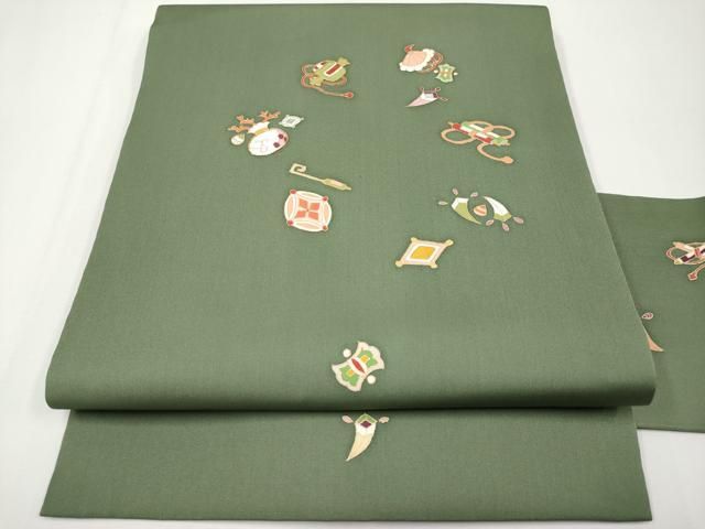 平和屋着物●塩瀬 九寸名古屋帯 駒刺繍 宝尽くし 金彩 正絹 逸品 未使用 CABF2790tx