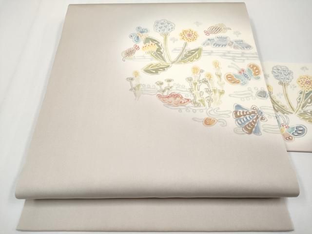 平和屋着物●塩瀬　九寸名古屋帯　花蝶風景文　正絹　逸品　CABF2791tx