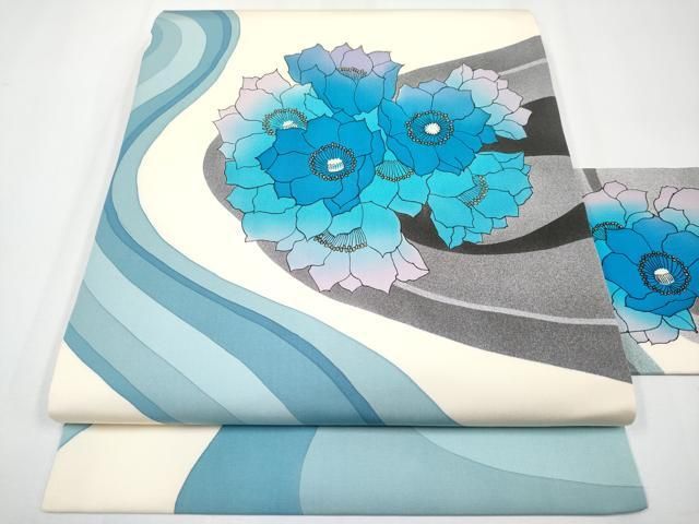 平和屋着物●塩瀬 九寸名古屋帯 作家物 手描き 流水花文 金彩 正絹 逸品 CABF2792tx