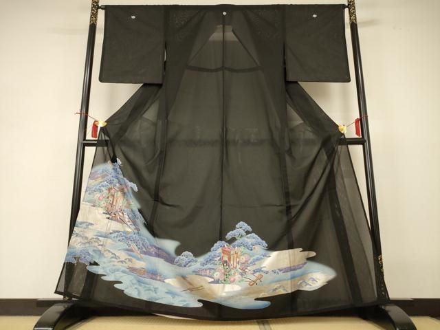 平和屋着物＊夏物　黒留袖　絽　立波御所車花文　暈し染め　金銀彩　洗える着物　AABI4720jd