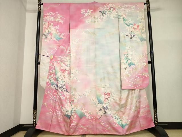 平和屋着物●大正の浮世絵師　竹久夢二　夢二ロマン　振袖　短冊花文　暈し染め　金銀彩　港屋好み　正絹　逸品　AABI4543ck