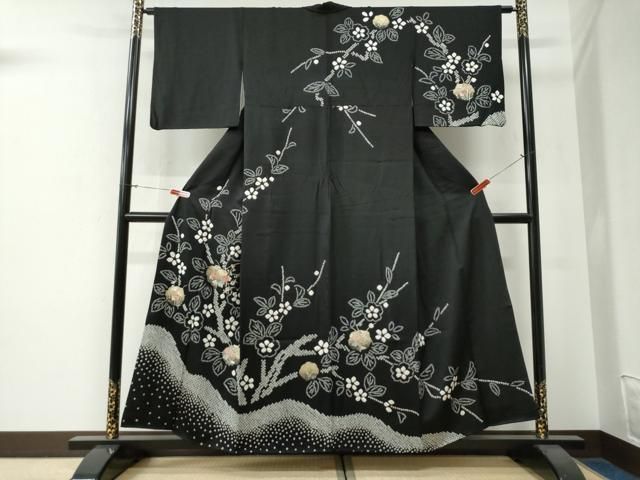 平和屋着物●訪問着 絞り 刺繍 枝花文 黒地 金彩 正絹 逸品 CABG0134yc