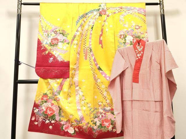 平和屋着物[]七五三　女の子　７歳　祝着　四つ身　襦袢(袷・半衿刺繍)セット　舞蝶花車文　金彩　逸品　DABE7092ma