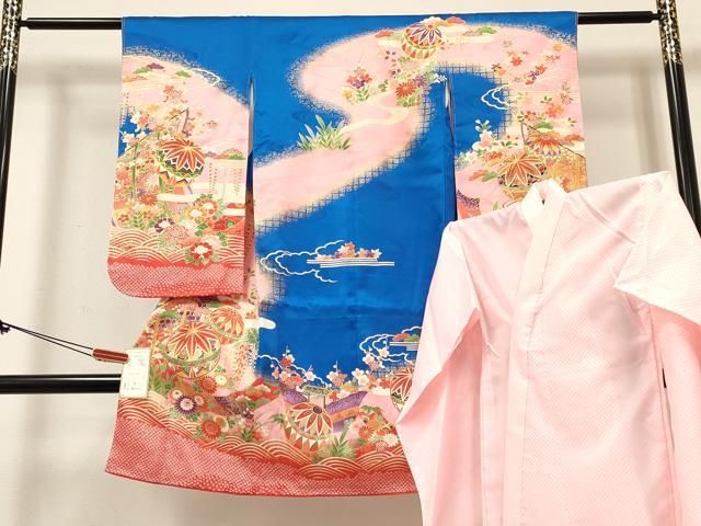 平和屋着物[]七五三　女の子　３歳　祝着　三つ身　長襦袢(単衣)セット　几帳花松文　暈し染め　金彩　逸品　DABE7094ma