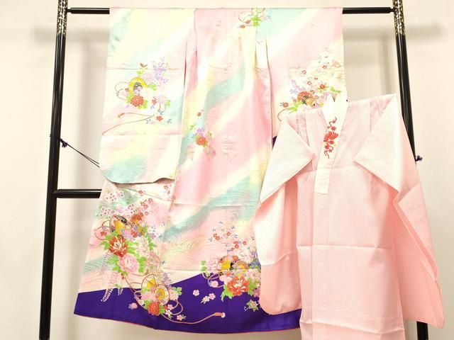 平和屋着物[]七五三　女の子　７歳　祝着　四つ身　襦袢(無双仕立て・半衿刺繍)セット　駒刺繍 鼓牡丹花文 暈し染め 金彩 逸品　DABE7095ma