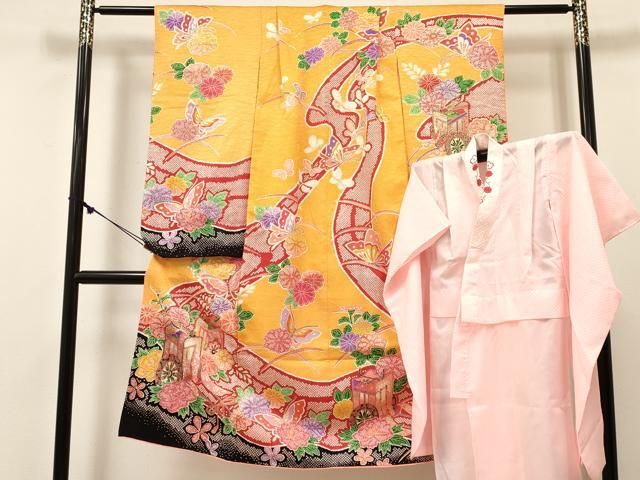 平和屋着物[]七五三　女の子　７歳　祝着　四つ身　襦袢(単衣・半衿刺繍)セット　御所車花蝶文　金彩　逸品　DABE7098ma