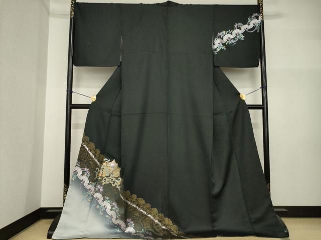 平和屋着物●訪問着 馬車 ラインストーン 暈し染め 黒地 金彩 ロング丈 正絹 逸品 AABI5121ck