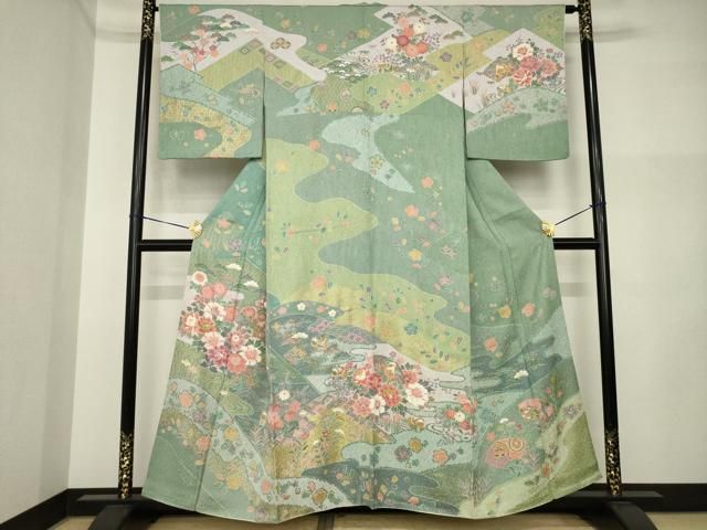 平和屋着物●訪問着　地紙鴛鴦御所車花文　金彩　正絹　逸品　AABI5150ck