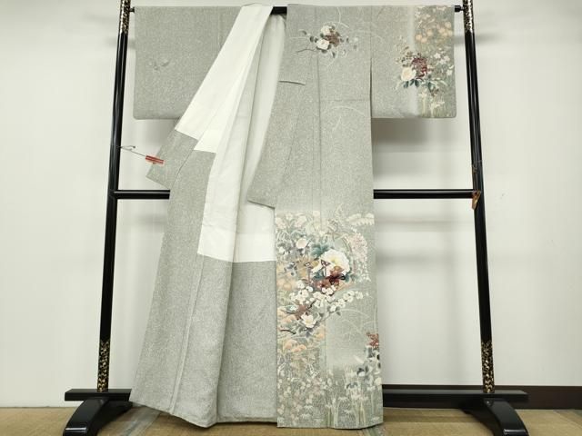 着用少ない！たたき染め＊金彩＊刺繡＊白＆黒＊作家物＊訪問着＊１６１ｃｍ＊裄６５ 平和屋着物○訪問着 作家物 刺繍 茶道草花文 たたき染め 金彩 正絹