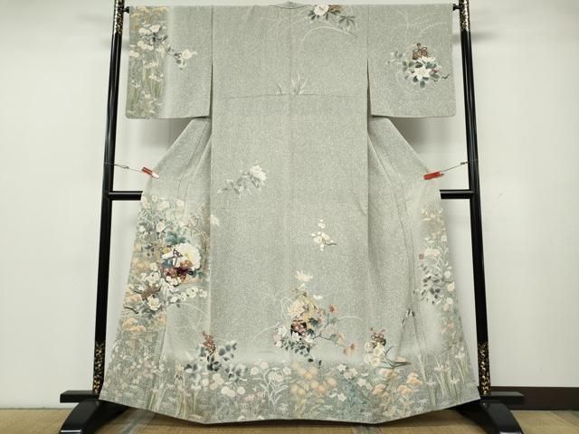 着用少ない！たたき染め＊金彩＊刺繡＊白＆黒＊作家物＊訪問着＊１６１ｃｍ＊裄６５ 平和屋着物○訪問着 作家物 刺繍 茶道草花文 たたき染め 金彩 正絹