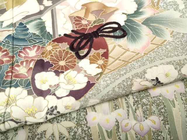 草花文 刺繍 平和屋着物○訪問着 着用少ない！たたき染め＊金彩＊刺繡＊白＆黒＊作家物＊訪問着＊１６１ｃｍ＊裄６５ 草花シルエット 金彩 黒地 たたき染め 着物・浴衣