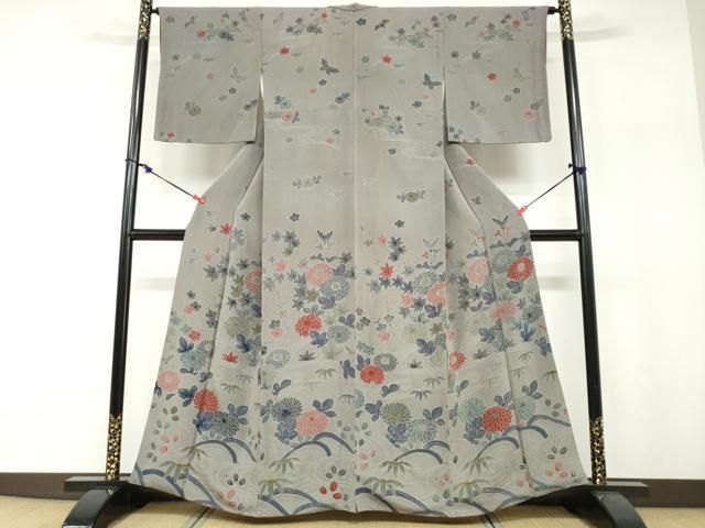 平和屋着物●訪問着　型染め　流水花鳥文　鬼しぼ縮緬　正絹　逸品　DABF1204ud