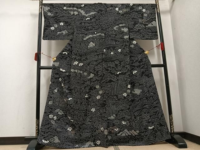 平和屋着物●訪問着　総絞り　風景草花文　黒地　金彩　正絹　逸品　AABI7478ph