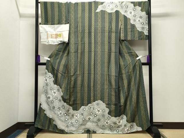 平和屋着物○本場縞大島紬 訪問着 絞り 道長花文 堀之内織物謹製 証紙