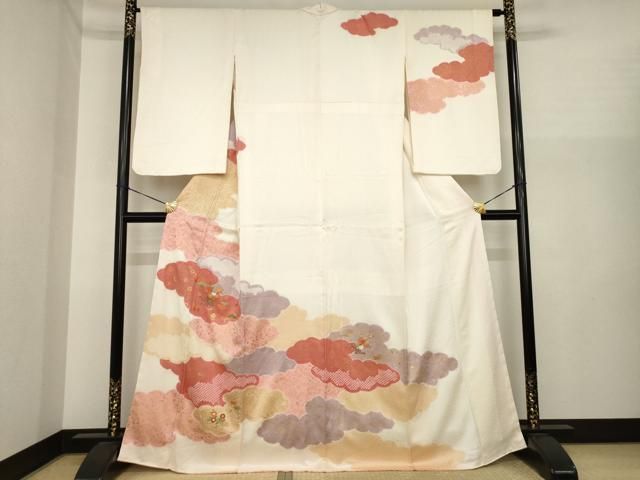 平和屋着物●訪問着　絞り　刺繍　雲重ね花文　正絹　逸品　AABI9696ck