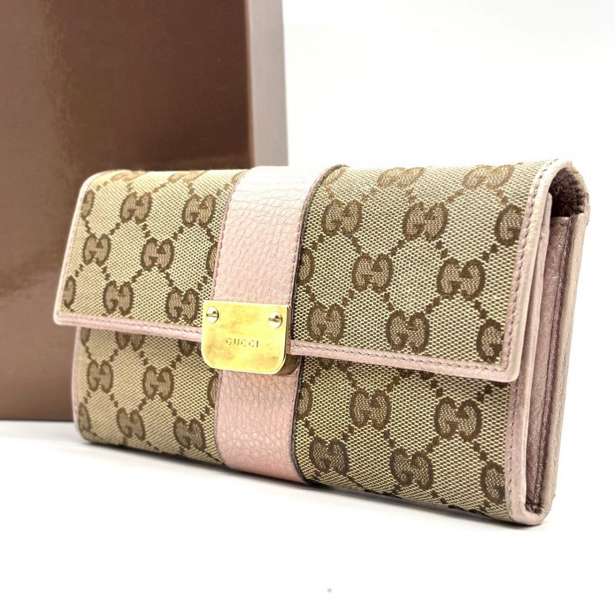 甘さに芯を忍ばせて】 GUCCI 長財布 GGキャンバス フラップ レザー 