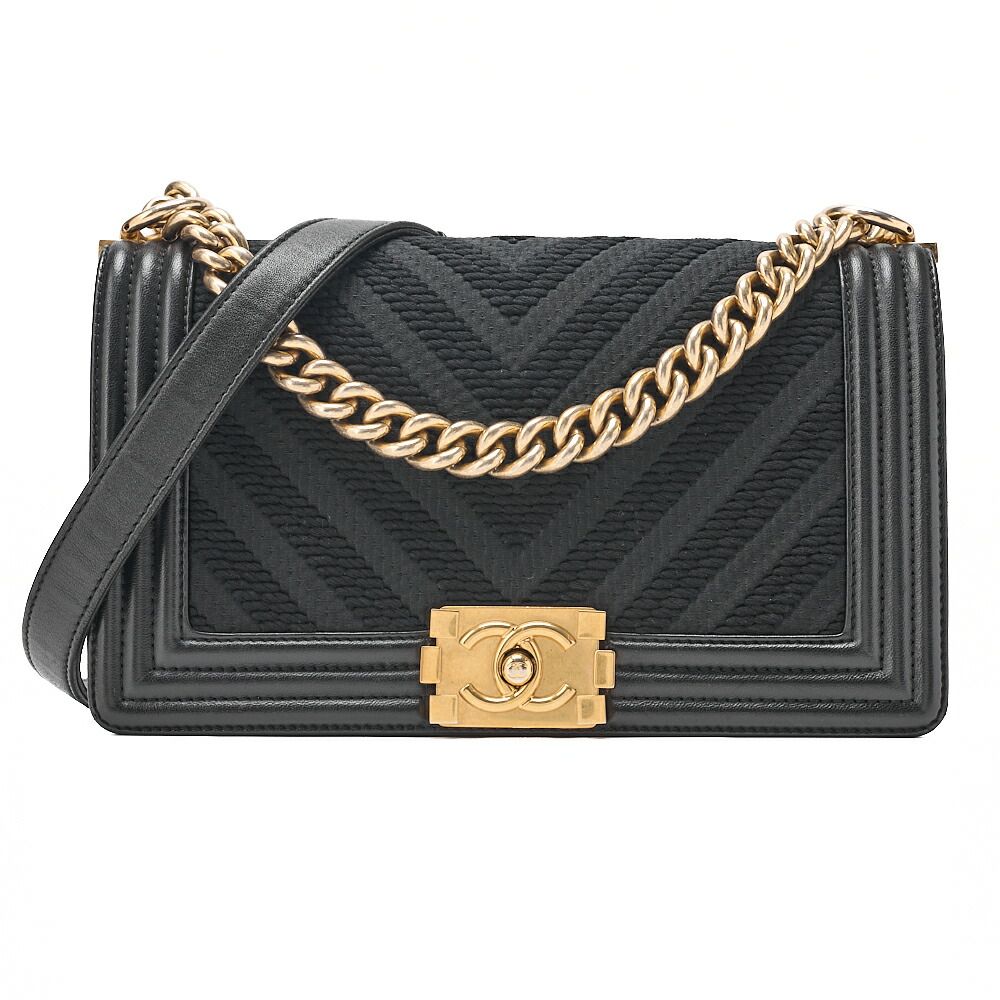 CHANEL シャネル 　ラムスキン×コットン　ボーイシャネル 　Ｖステッチ 　チェーンショルダー 　黒（ゴールド金具）レディースバッグ 　ショルダーバッグ 　ハイブランド【中古】【送料無料】