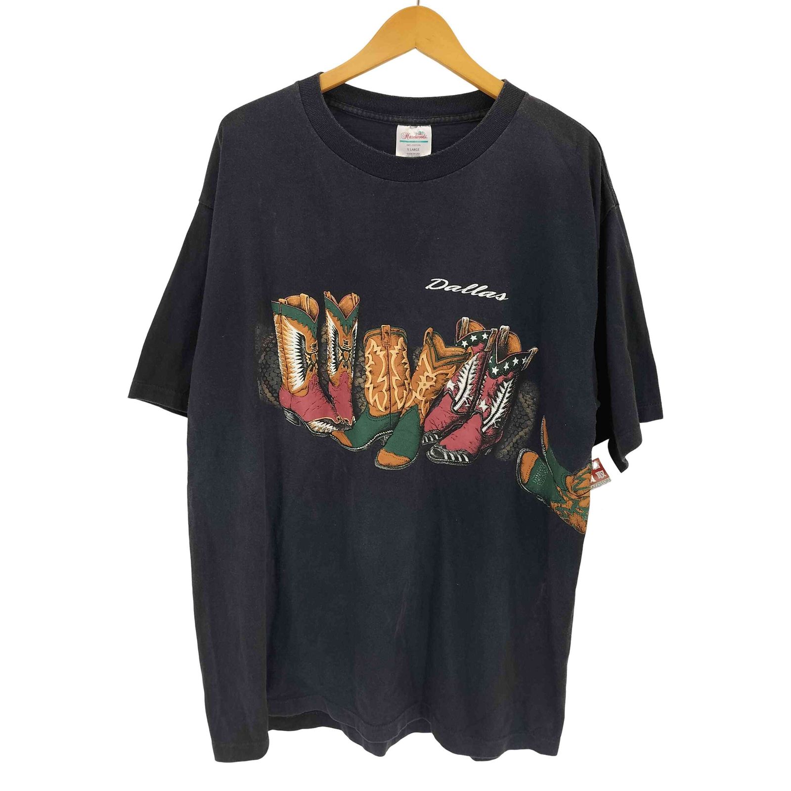 ユーズドフルギ USED古着 {{Hazelwoods}} USA製 シングルステッチ ウエスタンブーツプリントクルーネックTシャツ メンズ import：XL